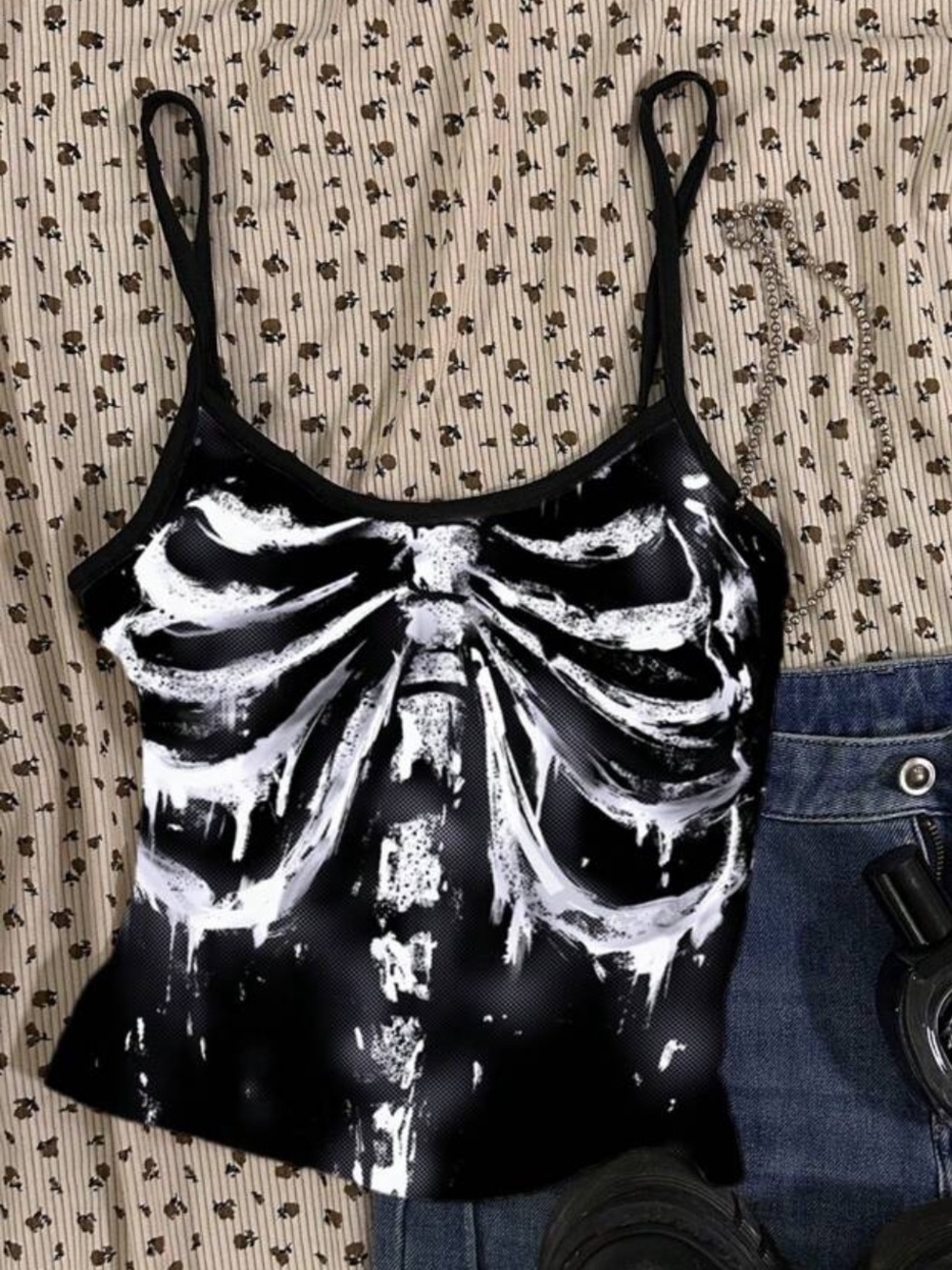 Black Skeleton Print Spaghetti Strap Tank Top NEW 🏷️